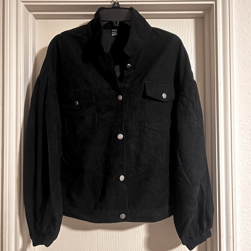 Shein Jacket Womens (Medium) Black Corduroy,Button Down, Chest Pockets